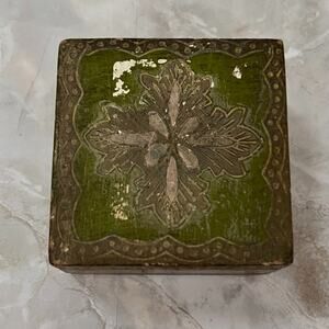 Vintage Florentia Wooden Box 2.8 x 1.8" Green & Brown Hand Made in Italy